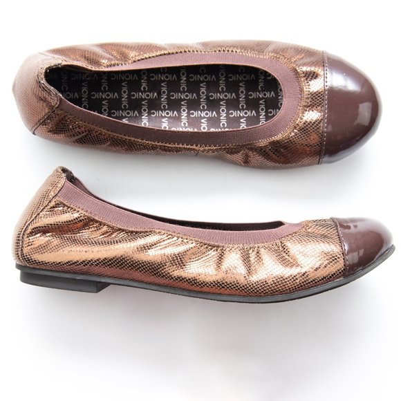 Vionic Shoes - Vionic Allora Cap Toe Ballet Flats Metallic Lizard Leather Shoes Bronze Size 7.5
